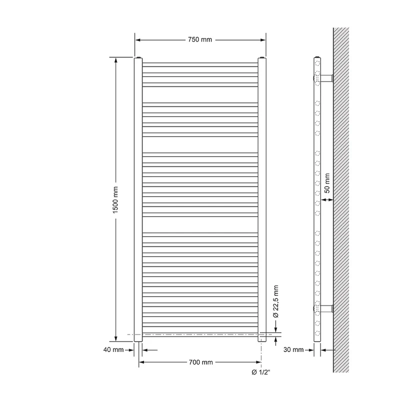 Badheizkörper Sahara 750x1500 mm Weiß gerade mit Seitenanschluss LuxeBath