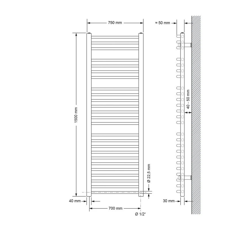 Badheizkörper Sahara 750x1500 mm Weiß gebogen mit Seitenanschluss LuxeBath