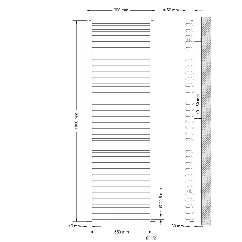 Badheizkörper Sahara 600x1800 mm Weiß gebogen mit Seitenanschluss LuxeBath
