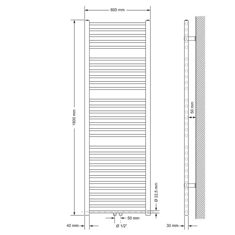 Badheizkörper Sahara 600x1800 mm Chrome gerade mit Mittelanschluss LuxeBath