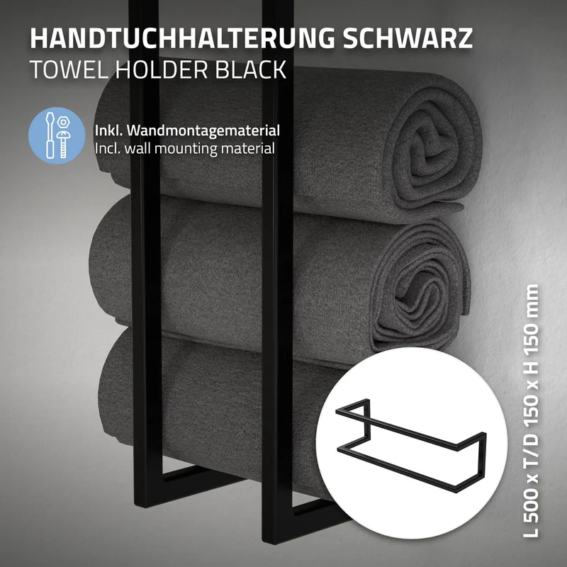 Handtuchhalter 15x15x50 cm Schwarz aus Stahl ML-Design