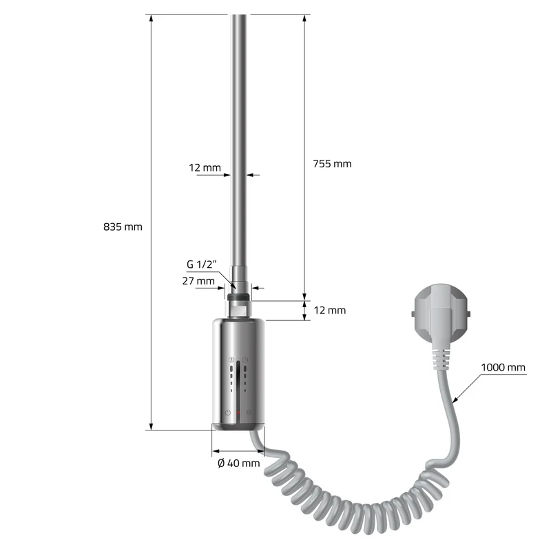 Heizstab für Badheizkörper 1200W Chrom mit Thermostat Temperaturkontrolle Timer und Touchbedienung LuxeBath