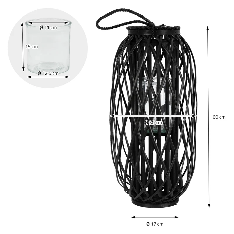 Riedlaterne mit Henkel aus Rattan 60 x Ø 27 cm Schwarz