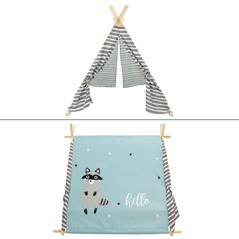 Spielzelt für Kinder mit zwei Türen und einem Fenster 117x108x105 cm türkis mit Waschbär Motiv aus Polyester