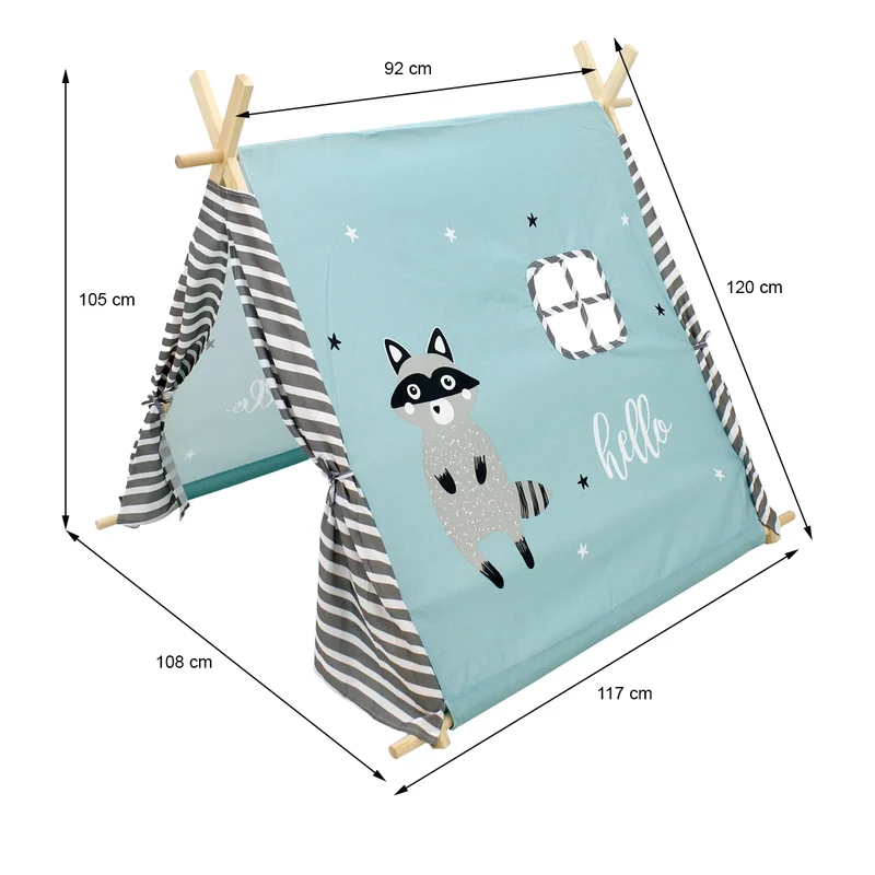Spielzelt für Kinder mit zwei Türen und einem Fenster 117x108x105 cm türkis mit Waschbär Motiv aus Polyester