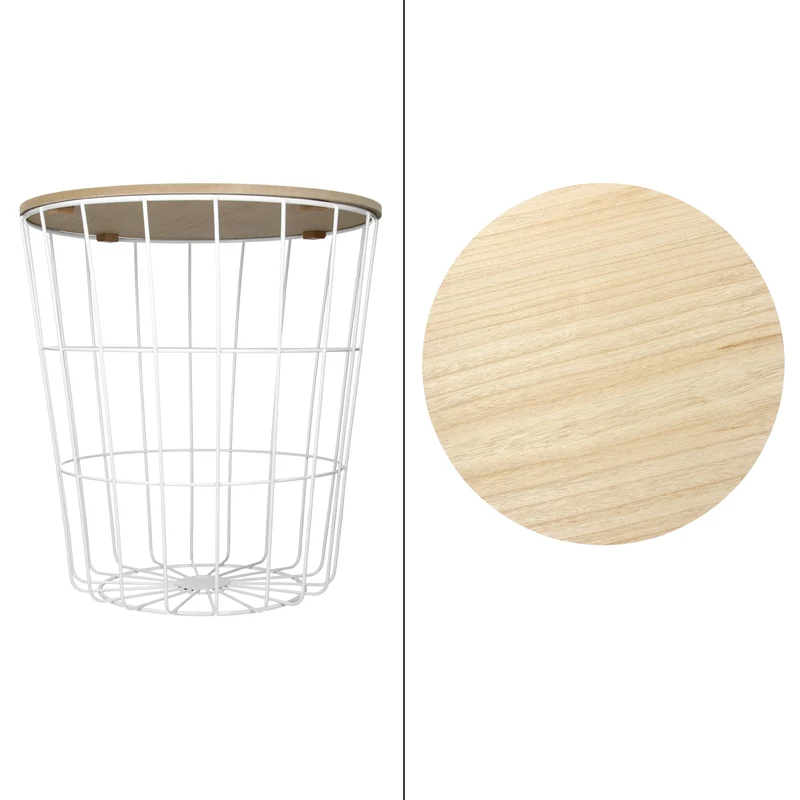 Beistelltisch Rundform Ø 38,5x42 cm Weiß/Natur aus MDF mit Metallkorb