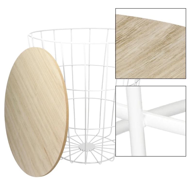 Beistelltisch Rundform Ø 38,5x42 cm Weiß/Natur aus MDF mit Metallkorb