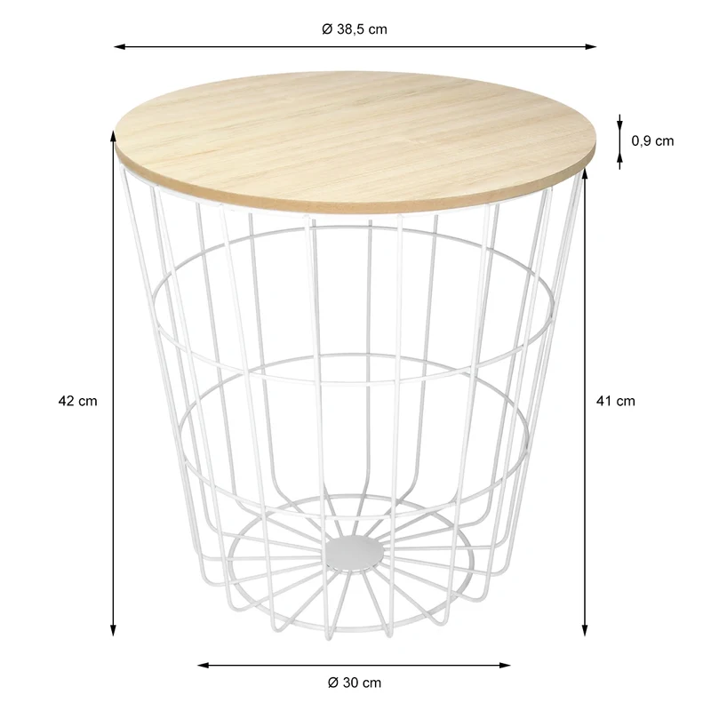 Beistelltisch Rundform Ø 38,5x42 cm Weiß/Natur aus MDF mit Metallkorb