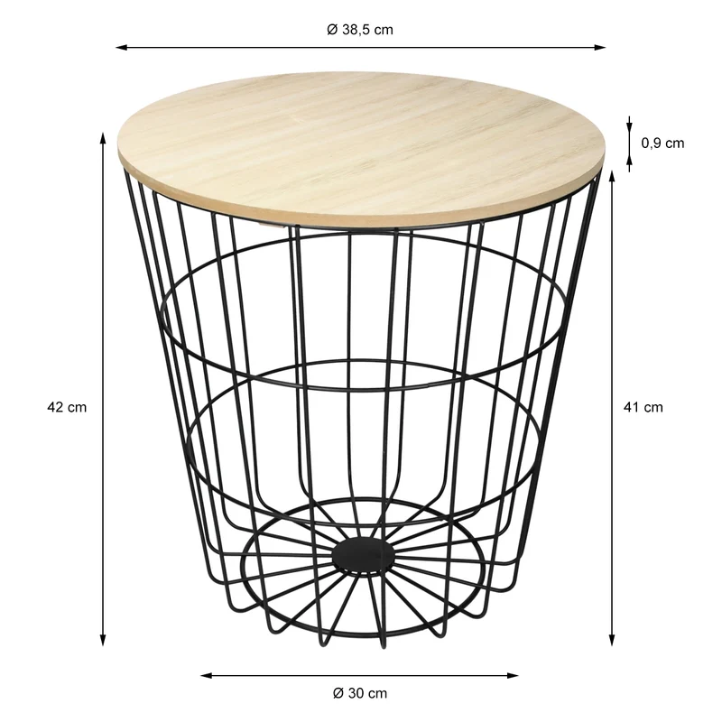 Beistelltisch Rundform Ø 38,5x42 cm Schwarz/Natur aus MDF mit Metallkorb