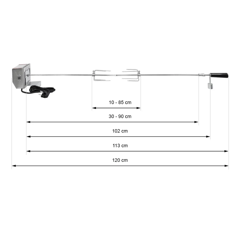 Grillspieß Set 120 cm mit 2x Fleischnadeln und Edelstahl Motor 2U/m inkl. Motorhaltung