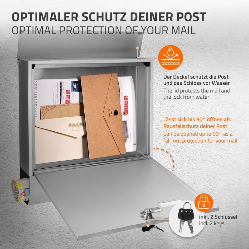 Briefkasten mit Zeitungsfach Silber 37,5x10x39 cm aus Edelstahl