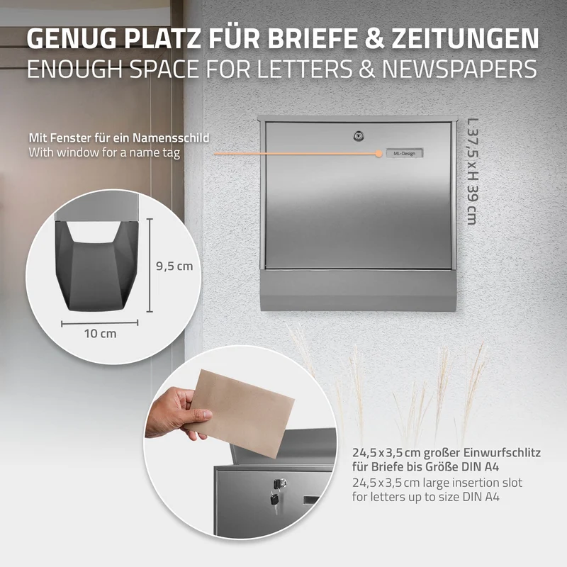 Briefkasten mit Zeitungsfach Silber 37,5x10x39 cm aus Edelstahl