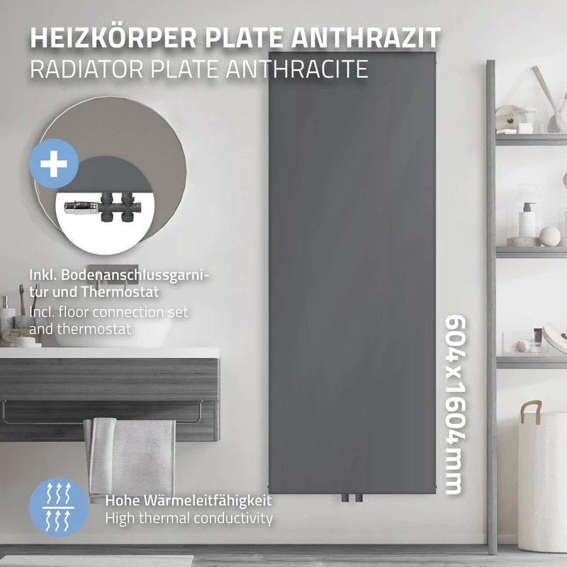 Badheizkörper 1600x604 mm Anthrazit mit Boden Anschlussgarnitur ML-Design