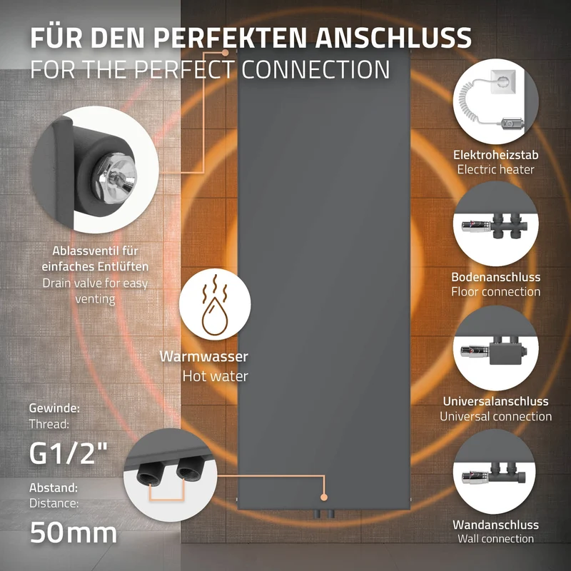 Badheizkörper 1600x604 mm Anthrazit mit Boden Anschlussgarnitur ML-Design