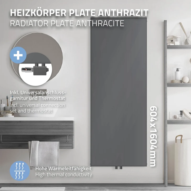 Badheizkörper 1600x604 mm Anthrazit mit Universale Anschlussgarnitur ML-Design