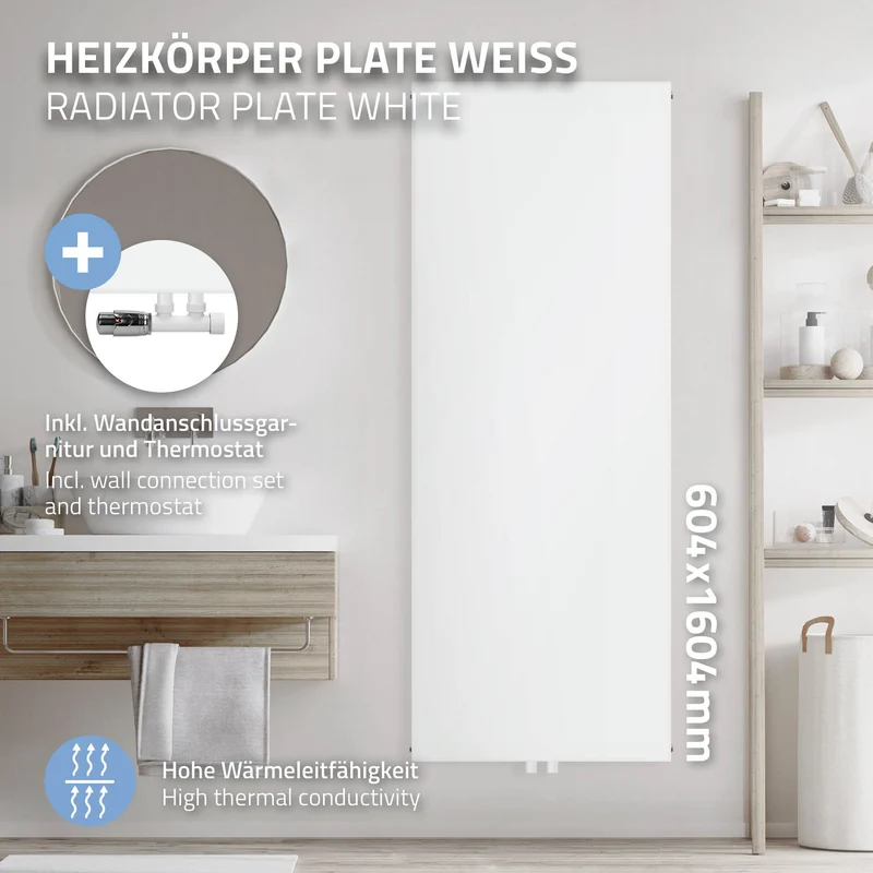 Badheizkörper 1600x604 mm Weiß mit Wand Anschlussgarnitur ML-Design