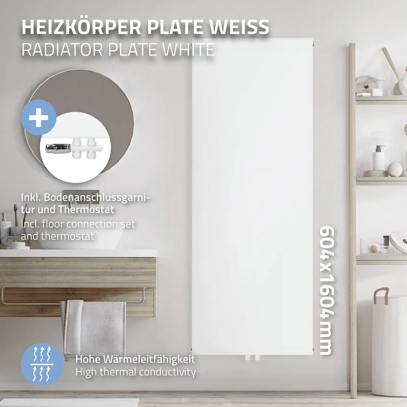 Badheizkörper 1600x604 mm Weiß mit Boden Anschlussgarnitur ML-Design