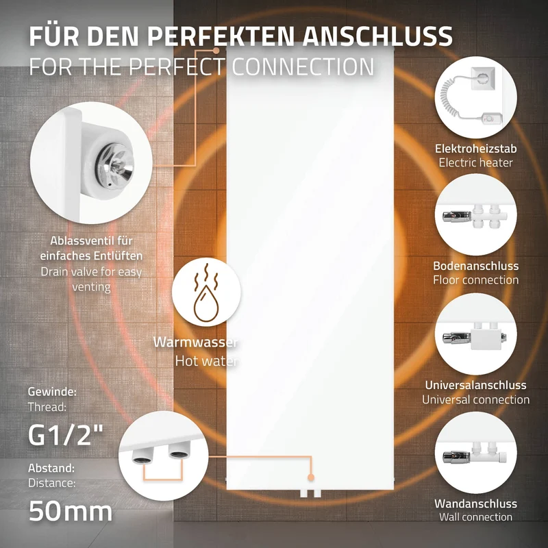Badheizkörper 1600x604 mm Weiß mit Boden Anschlussgarnitur ML-Design