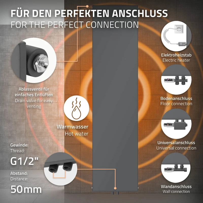 Badheizkörper 1800x452 mm Anthrazit mit Wand Anschlussgarnitur ML-Design