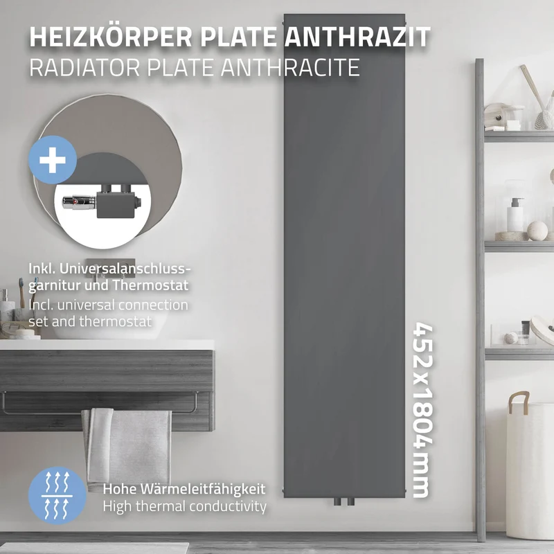 Badheizkörper 1800x452 mm Anthrazit mit Universale Anschlussgarnitur ML-Design