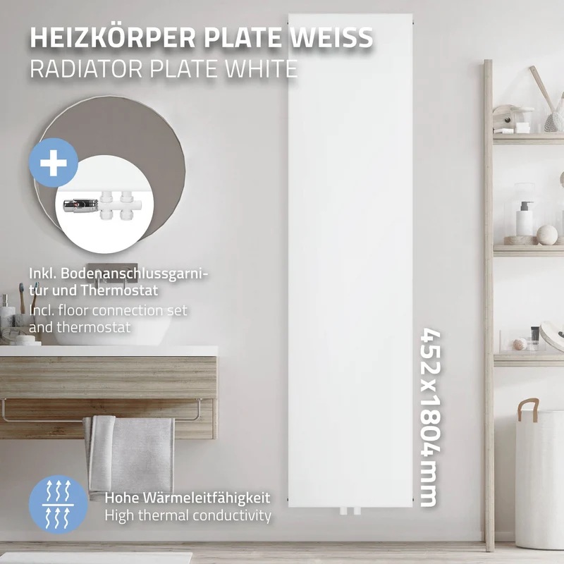 Badheizkörper 1800x452 mm Weiß mit Boden Anschlussgarnitur ML-Design