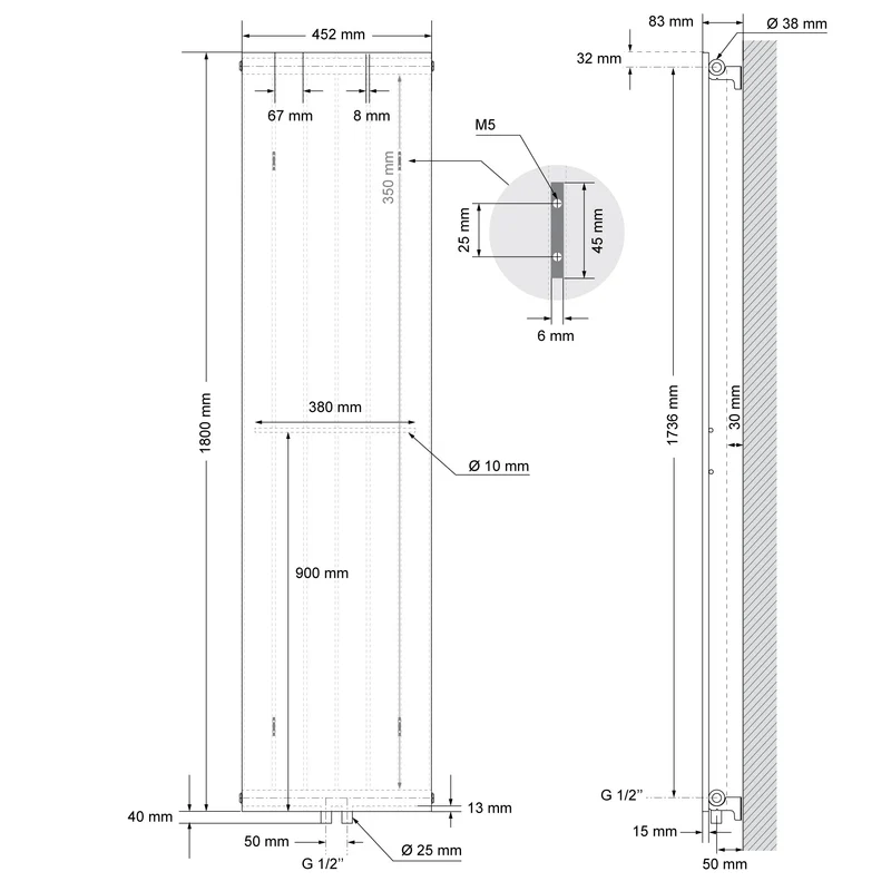 Badheizkörper 1800x452 mm Weiß mit Universale Anschlussgarnitur ML-Design
