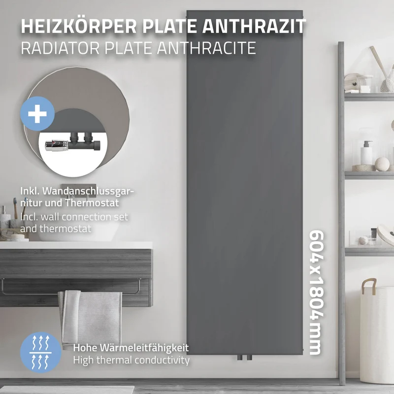 Badheizkörper 1800x604 mm Anthrazit mit Wand Anschlussgarnitur ML-Design