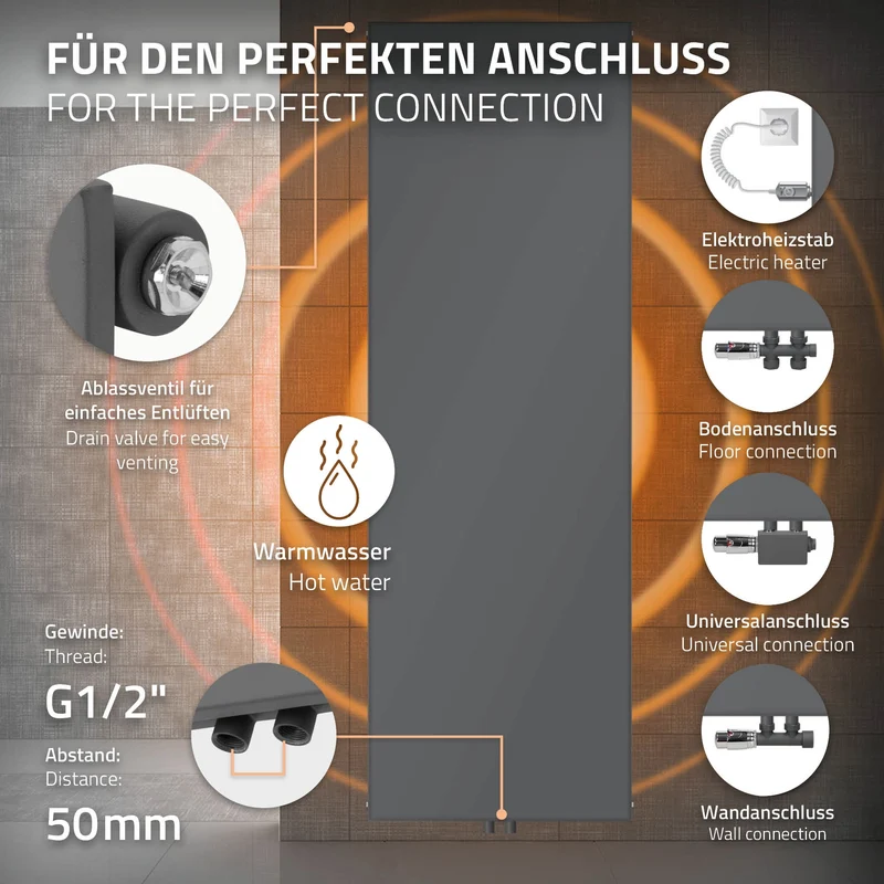 Badheizkörper 1800x604 mm Anthrazit mit Boden Anschlussgarnitur ML-Design