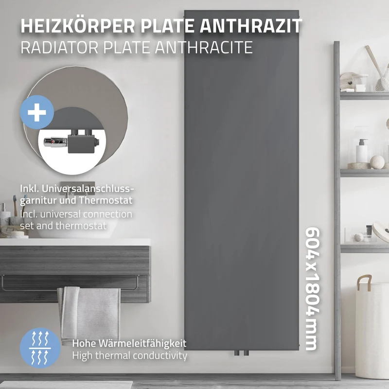 Badheizkörper 1800x604 mm Anthrazit mit Universale Anschlussgarnitur ML-Design