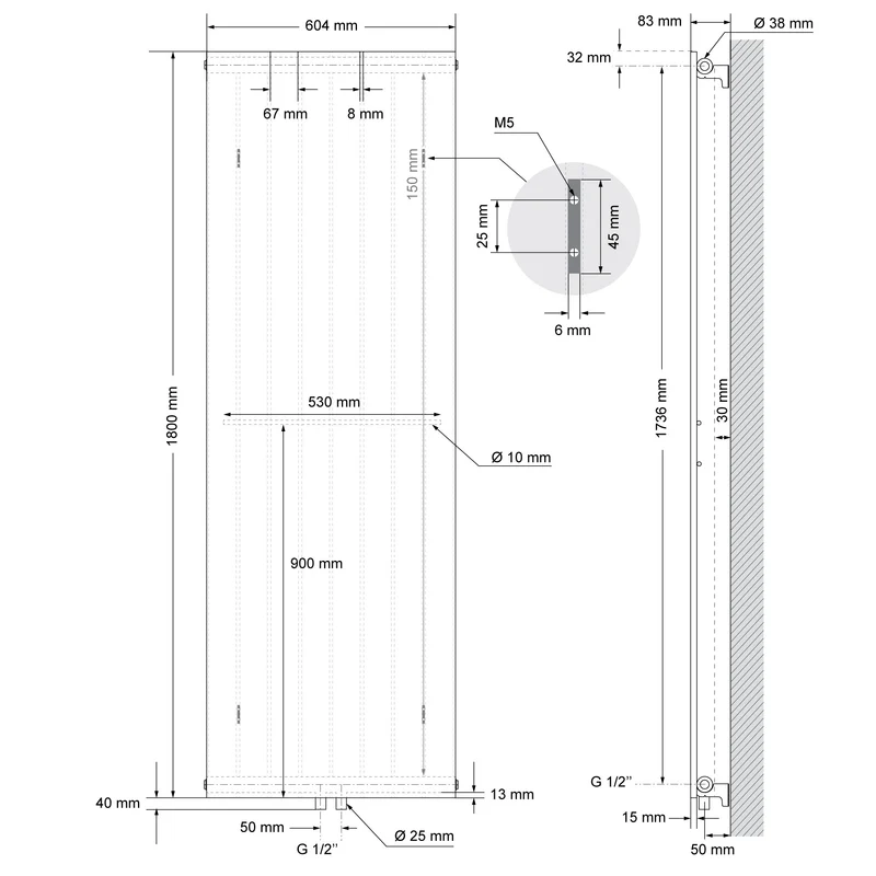 Badheizkörper 604x1800 mm Anthrazit mit Mittelanschluss ML-Design