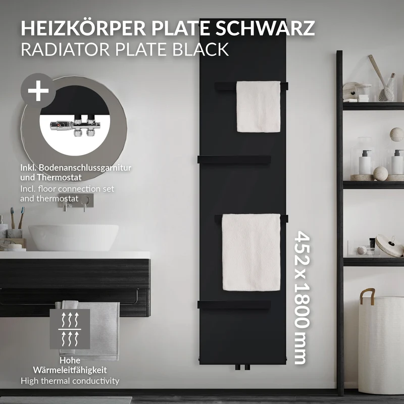 Badheizkörper 1800x452 mm Vertikal mit 4x Handtuchhalter Schwarz mit Mittelanschluss und Bodenanschlussgarnitur LuxeBath