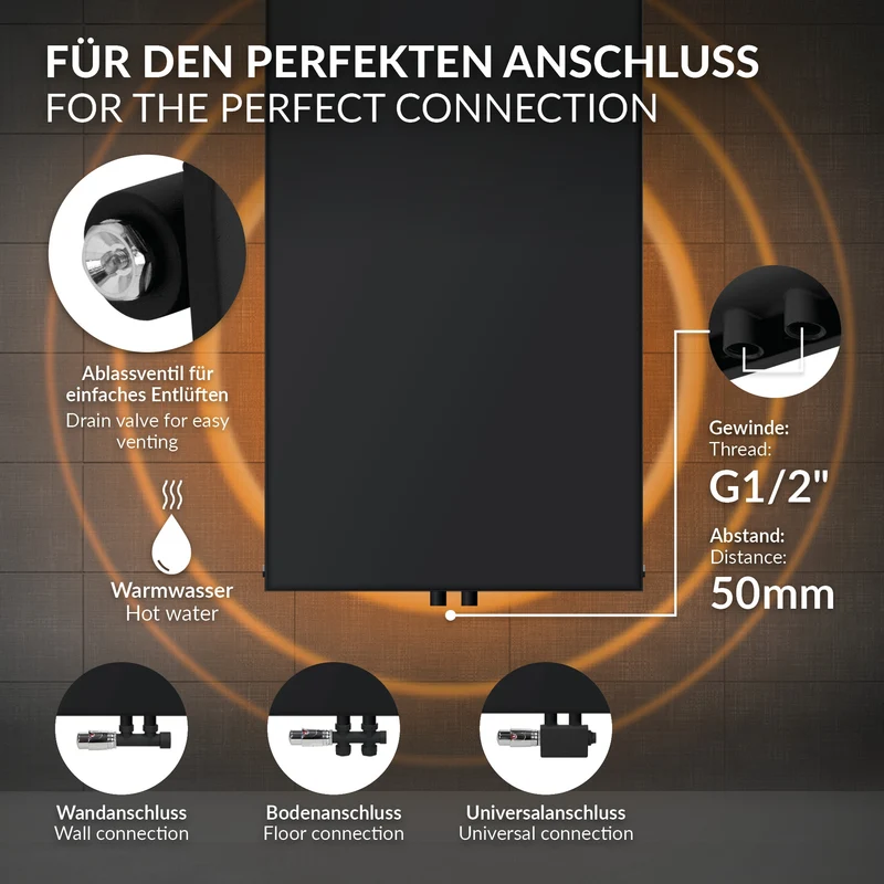 Badheizkörper 1800x452 mm Vertikal mit 4x Handtuchhalter Schwarz mit Mittelanschluss und Bodenanschlussgarnitur LuxeBath