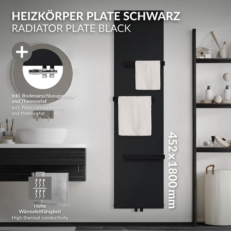 Badheizkörper 1800x452 mm Vertikal mit 3x Handtuchhalter Schwarz mit Mittelanschluss und Bodenanschlussgarnitur LuxeBath