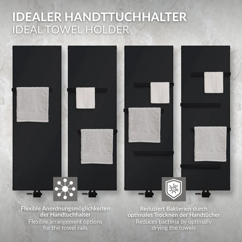 Badheizkörper 1800x452 mm Vertikal mit 3x Handtuchhalter Schwarz mit Mittelanschluss und Bodenanschlussgarnitur LuxeBath