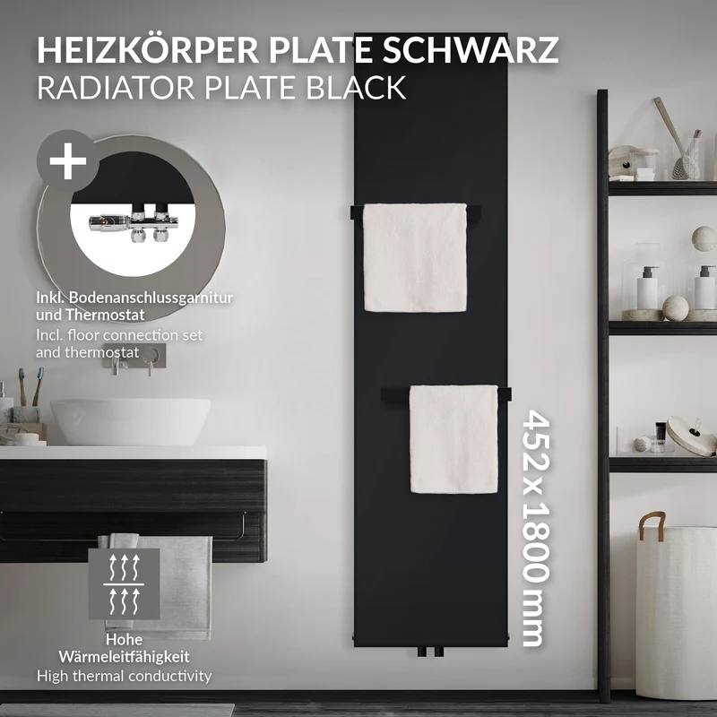 Badheizkörper 1800x452 mm Vertikal mit 2x Handtuchhalter Schwarz mit Mittelanschluss und Bodenanschlussgarnitur LuxeBath