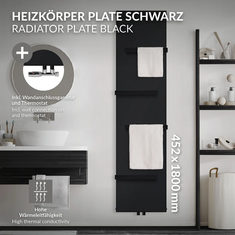Badheizkörper 1800x452 mm Vertikal mit 4x Handtuchhalter Schwarz mit Mittelanschluss und Wandanschlussgarnitur LuxeBath