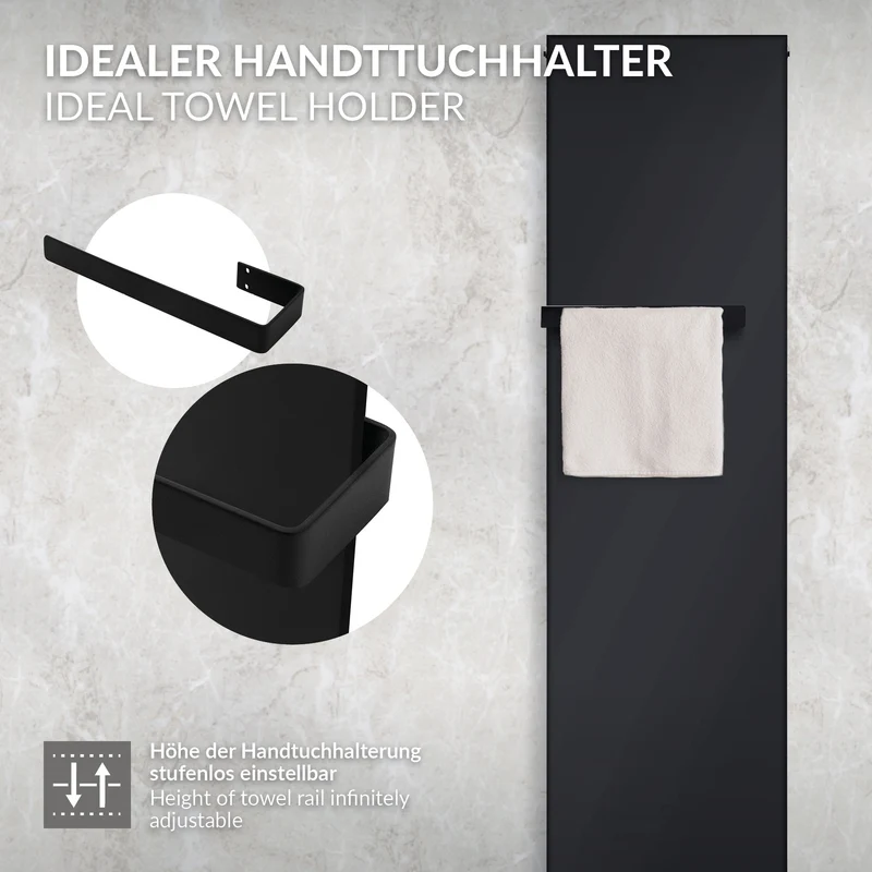 Badheizkörper 1800x452 mm Vertikal mit 4x Handtuchhalter Schwarz mit Mittelanschluss und Wandanschlussgarnitur LuxeBath