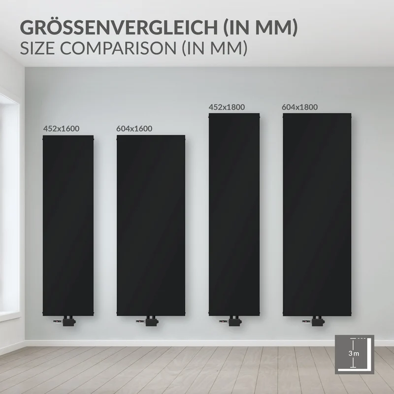 Badheizkörper 1800x452 mm Vertikal mit 4x Handtuchhalter Schwarz mit Mittelanschluss und Wandanschlussgarnitur LuxeBath