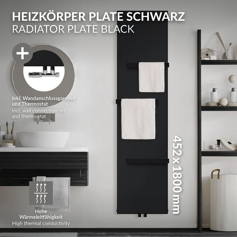 Badheizkörper 1800x452 mm Vertikal mit 3x Handtuchhalter Schwarz mit Mittelanschluss und Wandanschlussgarnitur LuxeBath