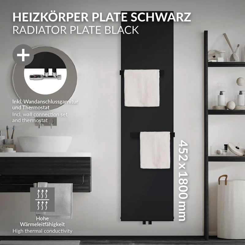 Badheizkörper 1800x452 mm Vertikal mit 2x Handtuchhalter Schwarz mit Mittelanschluss und Wandanschlussgarnitur LuxeBath