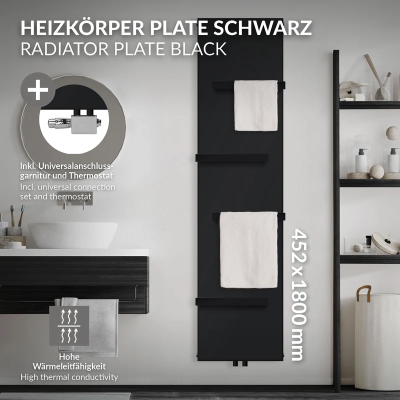 Badheizkörper 1800x604 mm Vertikal mit 4x Handtuchhalter Anthrazit mit Mittelanschluss und universaler Anschlussgarnitur LuxeBath