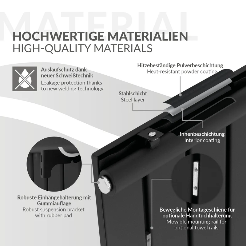 Badheizkörper 1800x604 mm Vertikal mit 2x Handtuchhalter Anthrazit mit Mittelanschluss und universaler Anschlussgarnitur LuxeBath