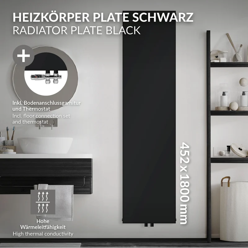 Badheizkörper Einlagig 1800x452 mm Schwarz matt mit Mittelanschluss und Boden Anschlussgarnitur LuxeBath
