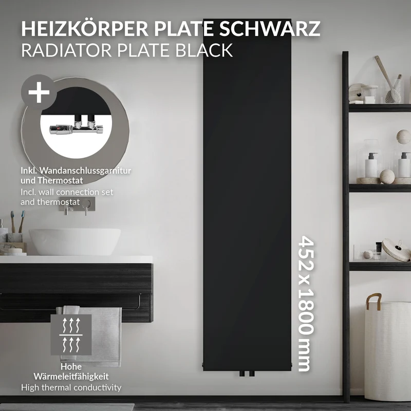 Badheizkörper Einlagig 1800x452 mm Schwarz matt mit Mittelanschluss und Wand Anschlussgarnitur LuxeBath