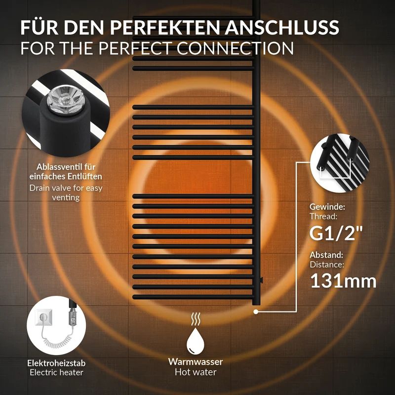 Elektrischer Badheizkörper mit Heizstab 1200W 500x1600 mm Schwarz matt mit Thermostat Digitalanzeige LuxeBath