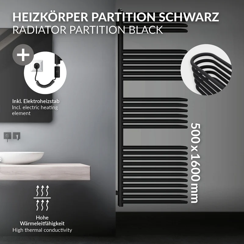 Elektrischer Badheizkörper mit Heizstab 1200W 500x1600 mm Schwarz matt mit Thermostat Touchbedienung LuxeBath