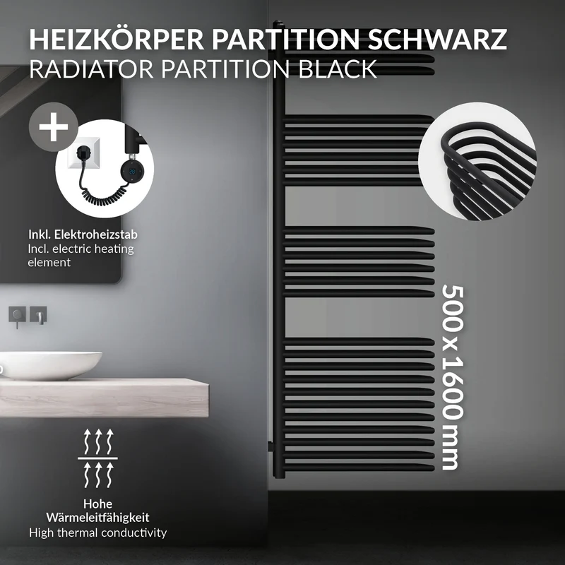 Elektrischer Badheizkörper mit Heizstab 900W 500x1600 mm Schwarz matt mit Thermostat Digitalanzeige LuxeBath