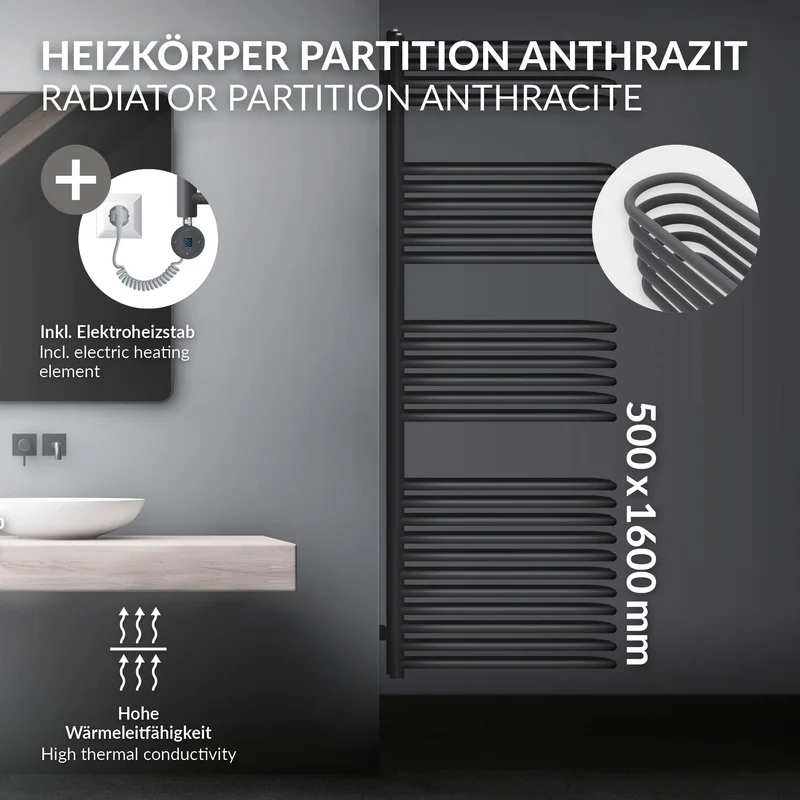 Elektrischer Badheizkörper mit Heizstab 1200W 500x1600 mm Anthrazit mit Thermostat Digitalanzeige LuxeBath