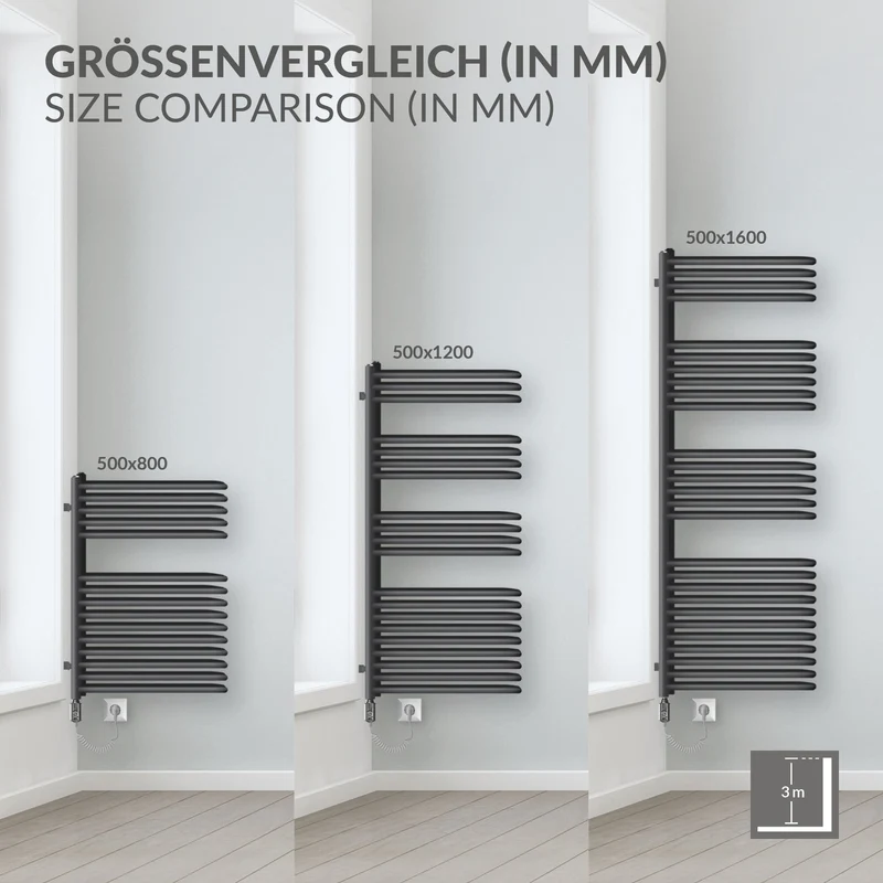 Elektrischer Badheizkörper mit Heizstab 1200W 500x1600 mm Anthrazit mit Thermostat Touchbedienung LuxeBath