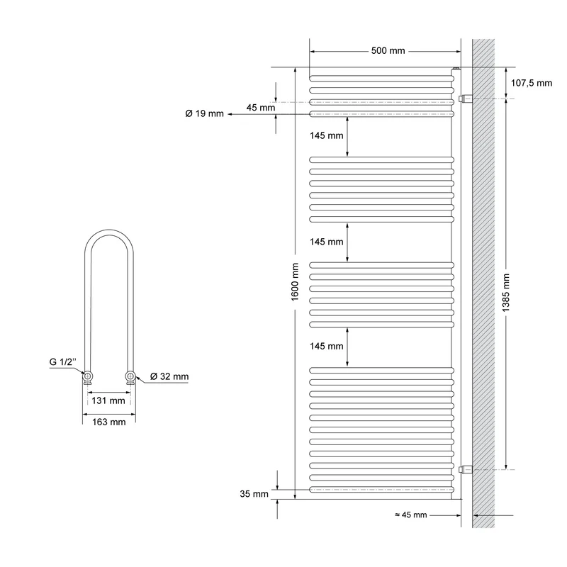 Elektrischer Badheizkörper mit Heizstab 1200W 500x1600 mm Anthrazit mit Thermostat Touchbedienung LuxeBath